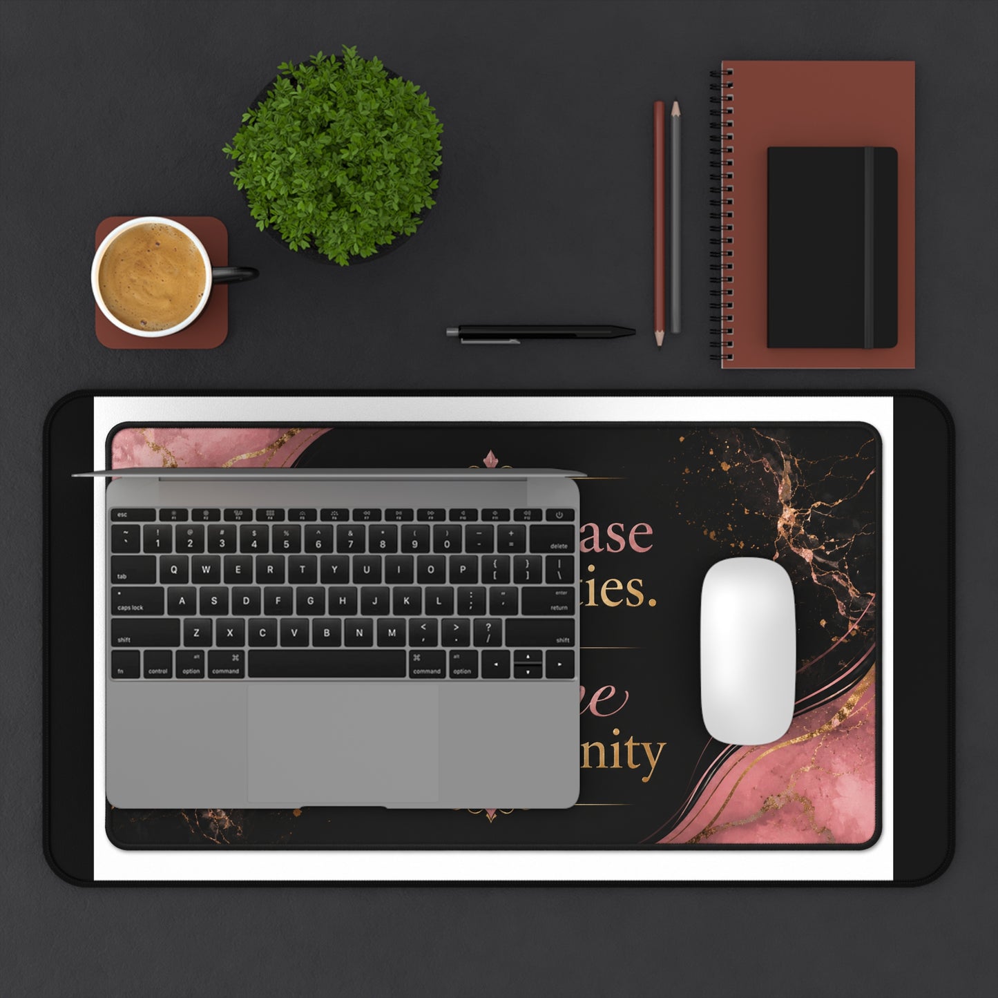 Motivational Desk Mat — “I Don’t Chase Opportunities, I Become the Opportunity” Stylish Pink Marble